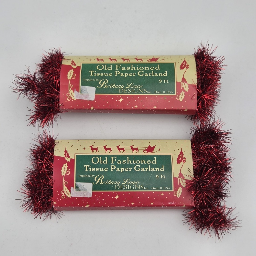 Lots of 2 Vintage Style Bethany Lowe Old Fashioned Tinsel Garland Red 9 ft.